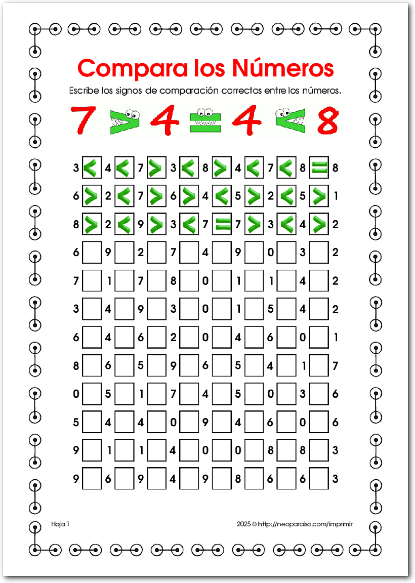 Hojas de Comparaci&oacute;n de N&uacute;meros menores que 10 PDF gratis