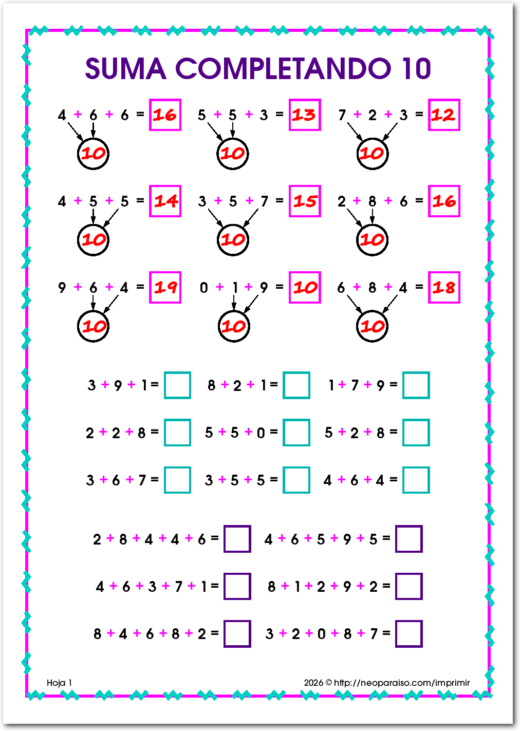 Hojas para Sumar Agrupando 10