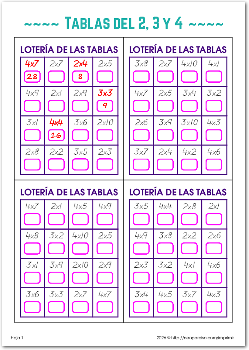 Loter&iacute;a de las Tablas de Multiplicar PDF gratis