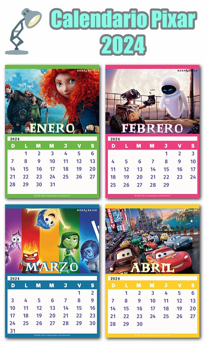 Calendario Pixar Disney 2024 gratis PDF