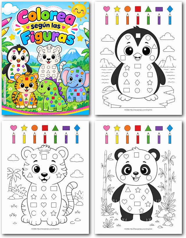 Hojas para Colorear Animalitos con Figuras Geom&eacute;tricas