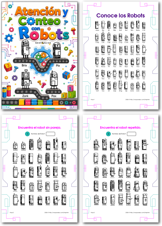 Cuadernillo de Atenci&oacute;n y Conteo con Robotos PDF gratis