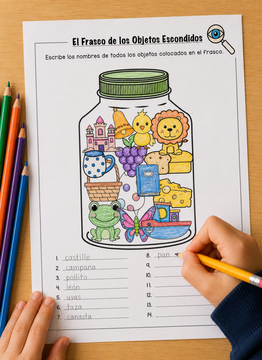 Hojas de Escritura de los Objetos del Frasco
