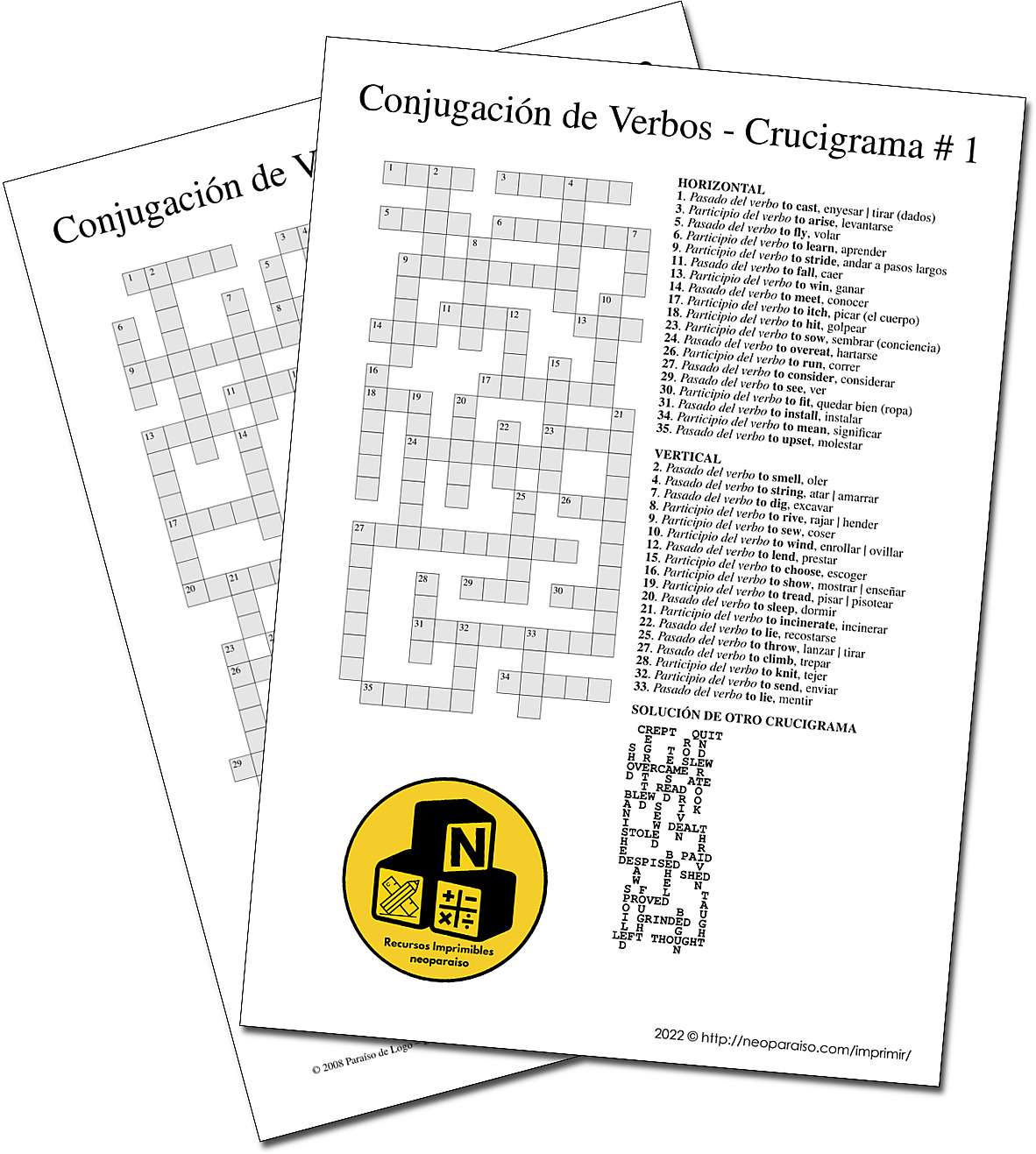 Crucigramas de los verbos en inglés, pasado y participio.