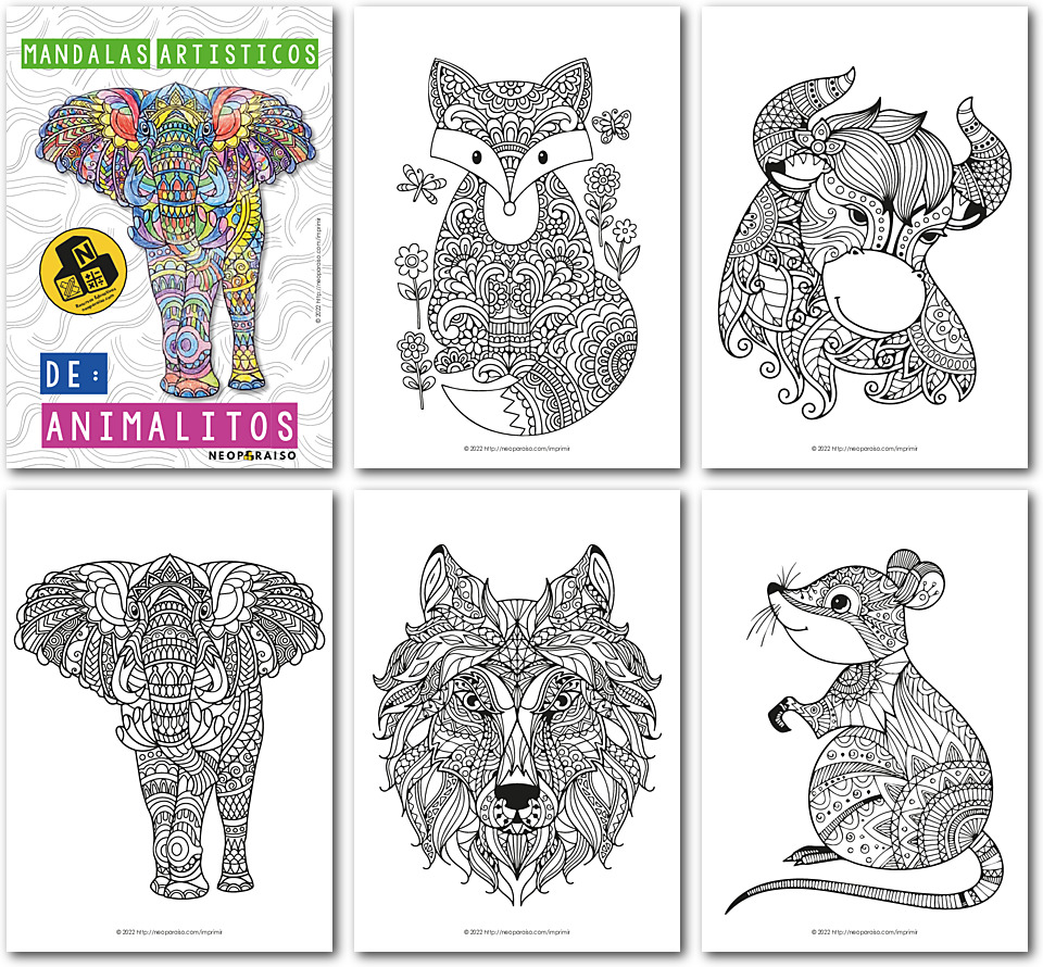 Animales con mandalas. Libro de colorear para adultos.