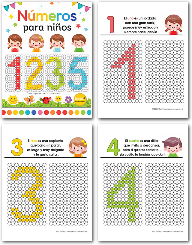 Numeros del 1 al 9 para colorear por puntos PDF gratis