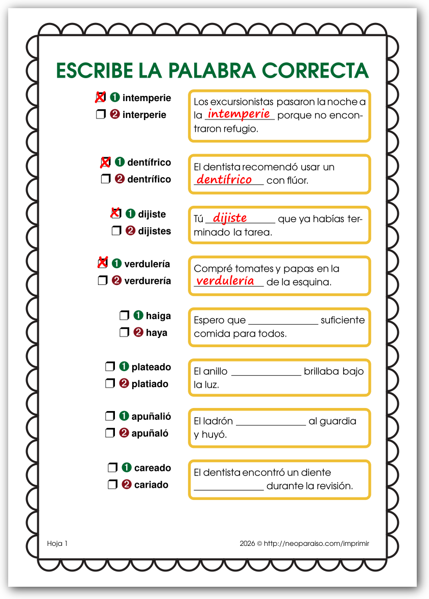 Ejercicios con palabras que se escriben mal