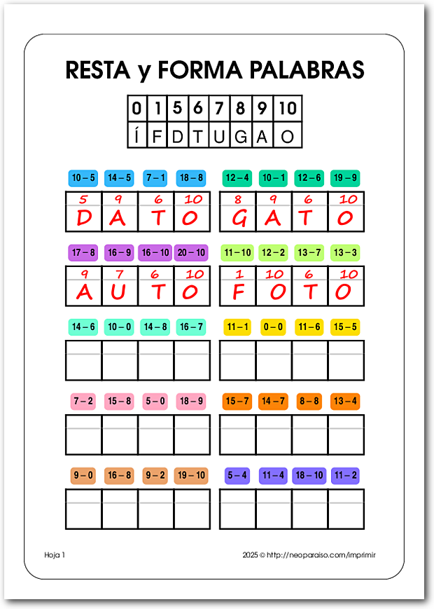 Resta y Escribe palabras en código