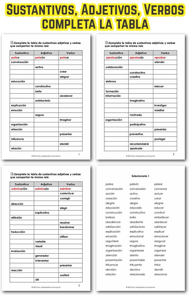 Tabla de sustantivos, adjetivos y verbos