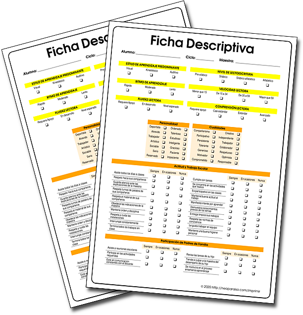 Fichas Descriptivas para llenar