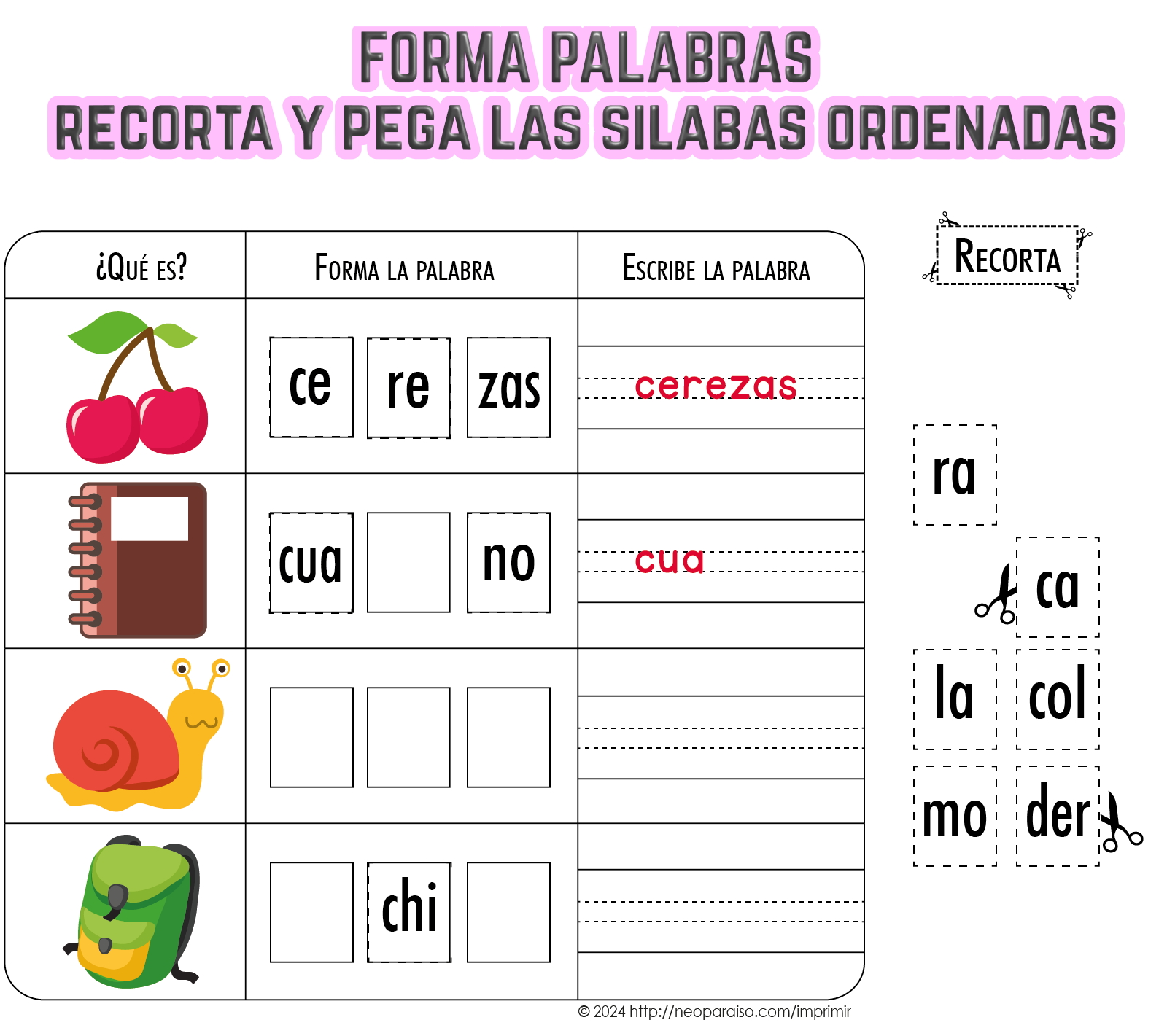 Fichas para ordenar sílabas