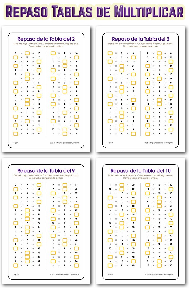 Hojas para repasar cada tabla de multiplicar