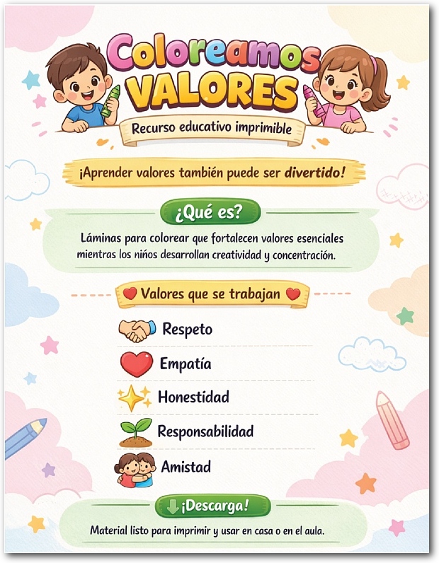 L&aacute;minas de Valores para Colorear PDF gratis