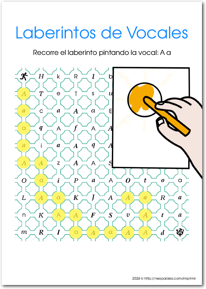 Imagen: laberinto vocales colorea